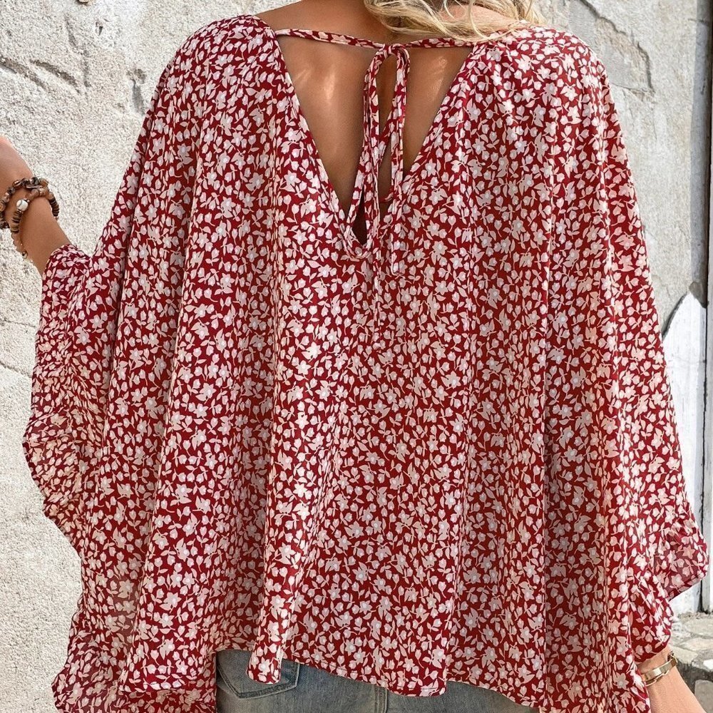 Multicolor Boho Womens Ditsy Floral Print Batwing Sleeve Blouse - Picture 4 of 5